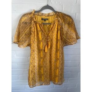 Liz Jordan Gold Paisley Boho Blouse – Metallic Shimmer Flutter Sleeve Top –
12